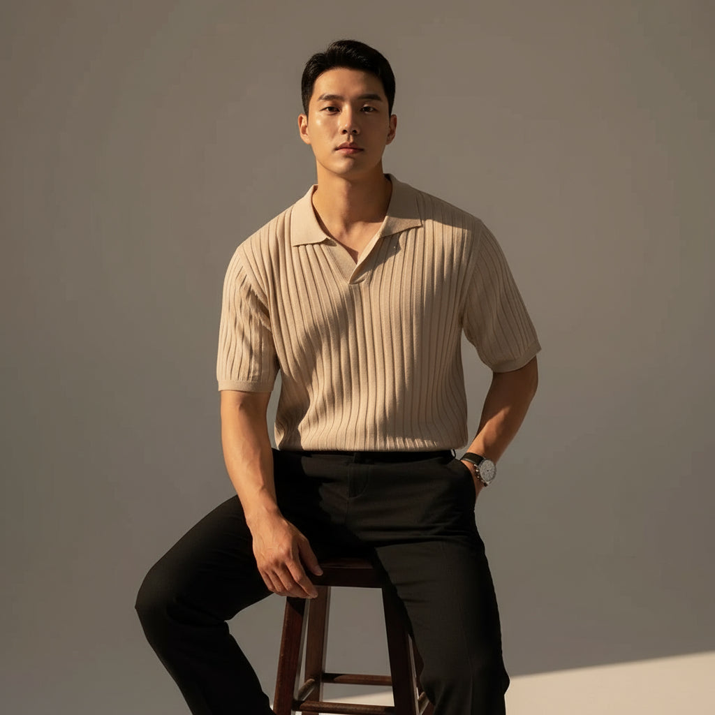 Ribbed V-Neck Polo